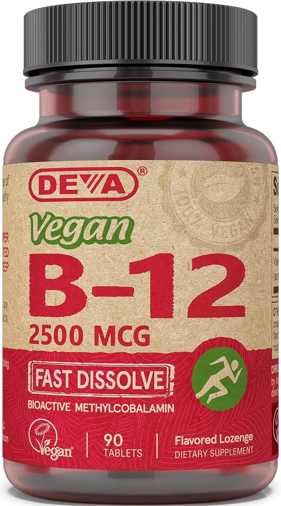 Deva Vegan Vitaminer B- 12, High Potency 2500 mcg B12, Fast Dissoltion, Sublingual, 90 tabletter (Pack of 3)