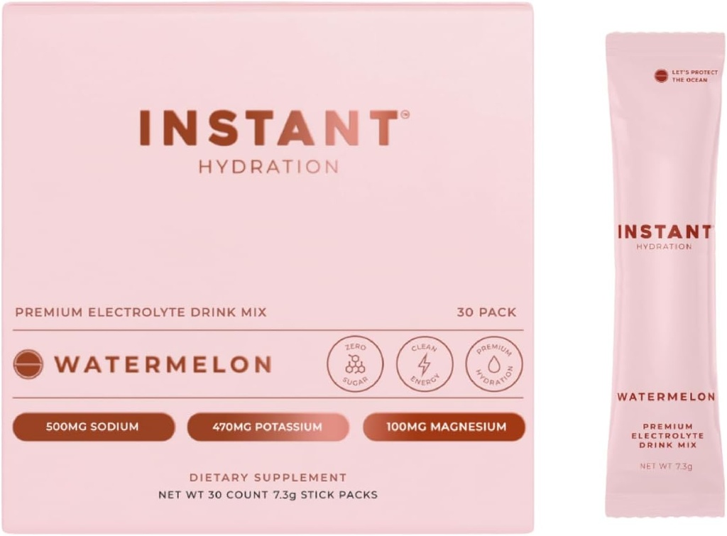 Instant Hydration Electrolytes Powder Packets - Watermelon Electrolyte Drink Mix - Zero Sugar - Keto, Vegan, Gluten- Free, Non- GMO - Boost Inddrivelse, Brain Health, Muscle & Tissue Support - 30 sticks