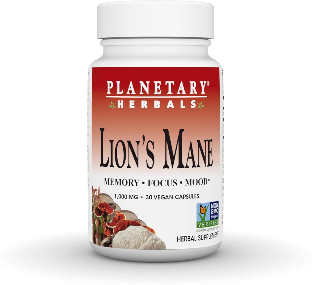 Planetariske Herbals Lions Mane, for Memory, Focus og Mood *, 1000 mg - 30 Veganske kapsler
