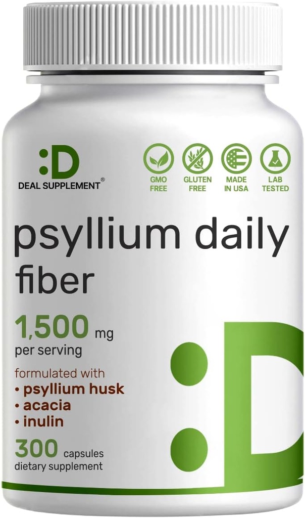 Psyllium Husk 1500mg per servering, 300 kapsler - 3 i 1 Fiber tillæg med Inulin & Acacia kompleks - Natural Opløselig Fiber, understøtter fordøjelsessygdomme - Plant baseret, ikke-GMO