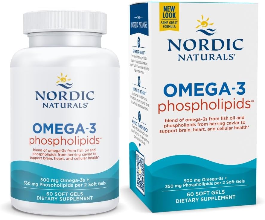 Nordiske Naturals Omega-3 Phospholipider, Unflavored - 60 Soft Gels - 500 mg Omega-3 & 350 mg Phospholipider - Heart & Brain Health - Small, Easy- to- Swallow Soft Gels - Non-GMO - 30 Servering