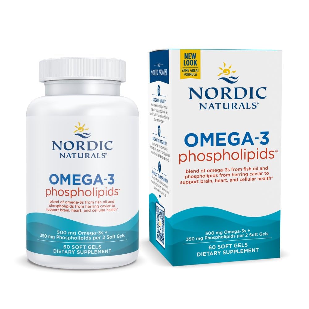 Nordiske Naturals Omega-3 Phospholipider, Unflavored - 60 Soft Gels - 500 mg Omega-3 & 350 mg Phospholipider - Heart & Brain Health - Small, Easy- to- Swallow Soft Gels - Non-GMO - 30 Servering