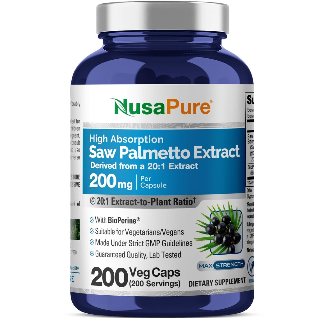 NusaPure Saw Palmetto 20: 1 Extract, 200 mg svarende til 4000 mg per Veggie Caps 200 Count Non- GMO, Vegan, Vegetar, Bioperine