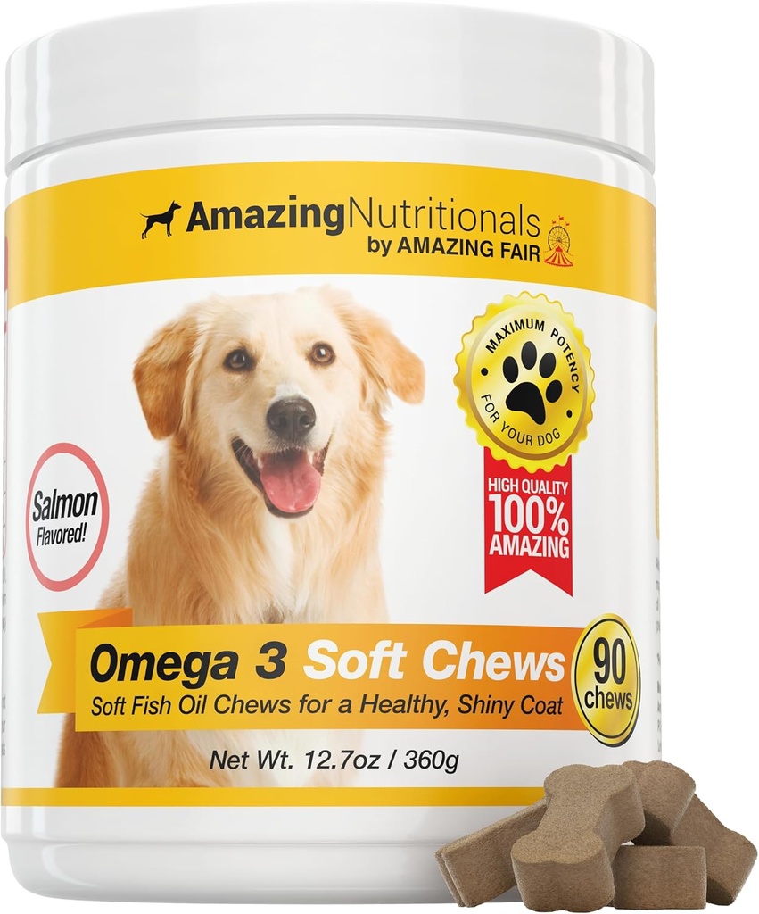 Amazing Omega 3 for hunde - Omega 3 Fish Oil for hunde supplement til Itchy Skin Relief til tør hud og varme skeer og afføring Coat med EPA og DHA fedtsyrer - 90 Salmon Soft Chews