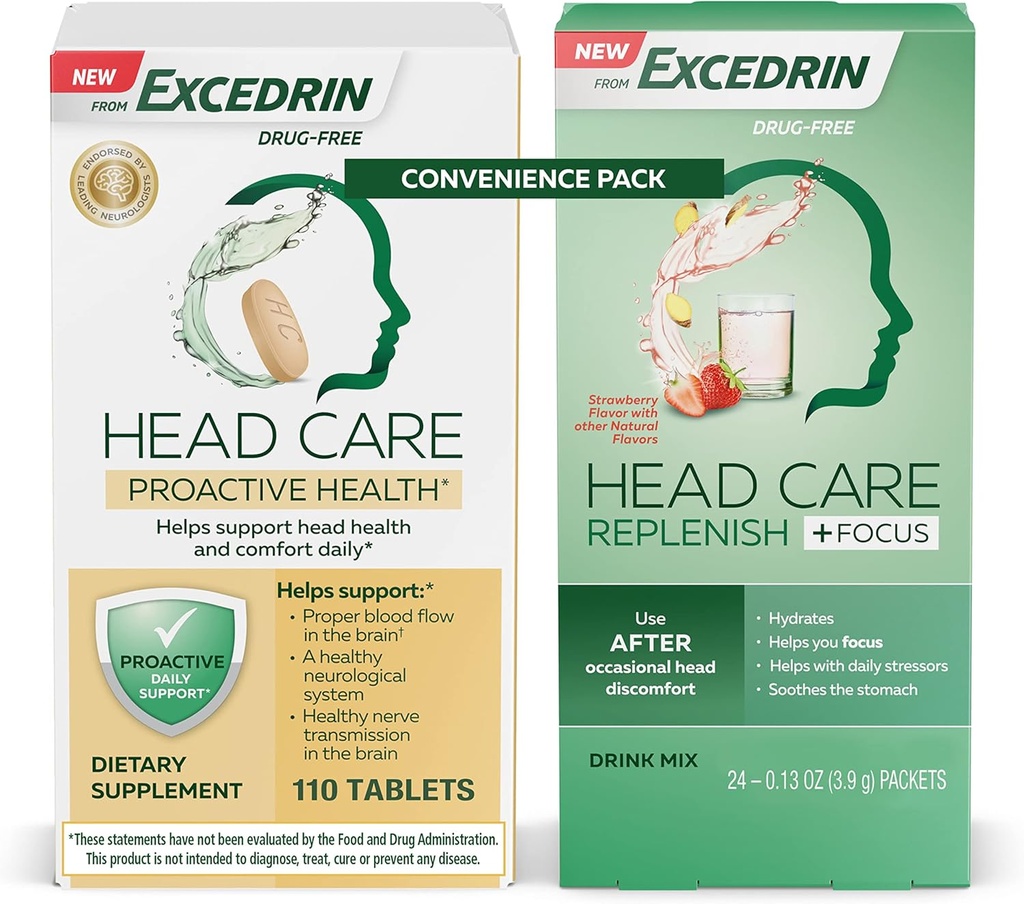 Extradrin Head Care Proactive Health Dietary Supplement - 110 Grev og Head Care Replenish Plus Focus Drink Mix fra 24 Pakker Convenience Pack