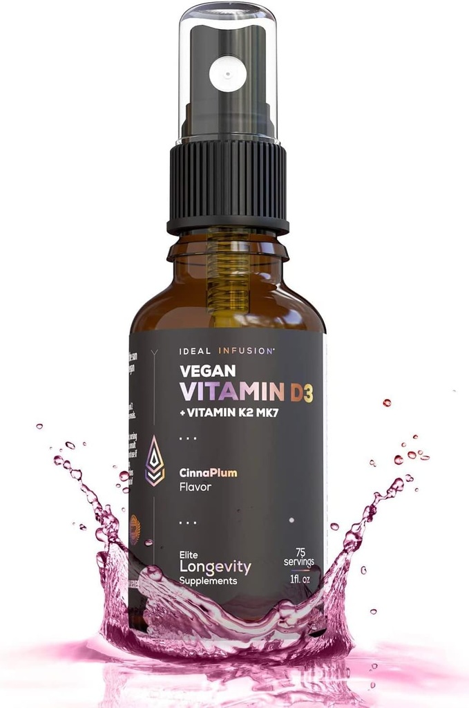 Ideel infusion Vegan Vitamin D3 5000 iu med K2 (MK-7) Flydende Spray: Organic Plum med kanel - Knoglesundhed, immunforsvar, Knoglestruktur (75 Servere)