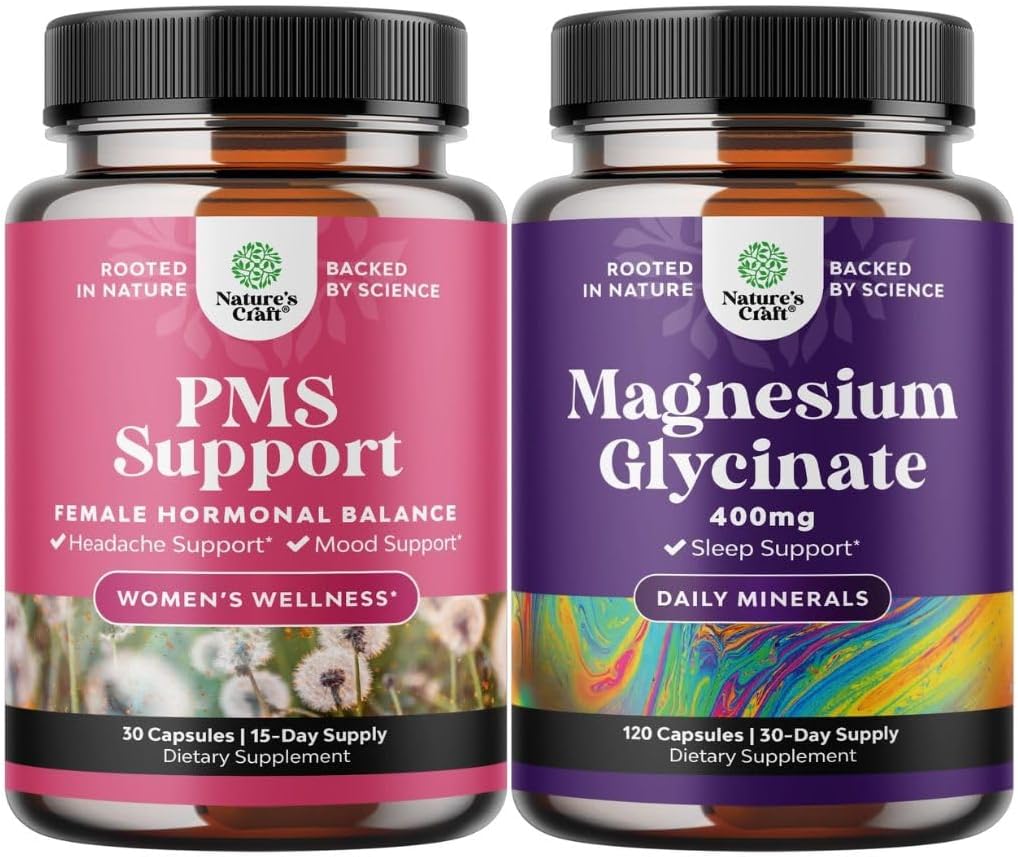 Bundle of Advanced PMS Support Supplement for kvinder og Pure Magnesium Glycinate 400mg Per Servering for Mood Sleep og Afslapning