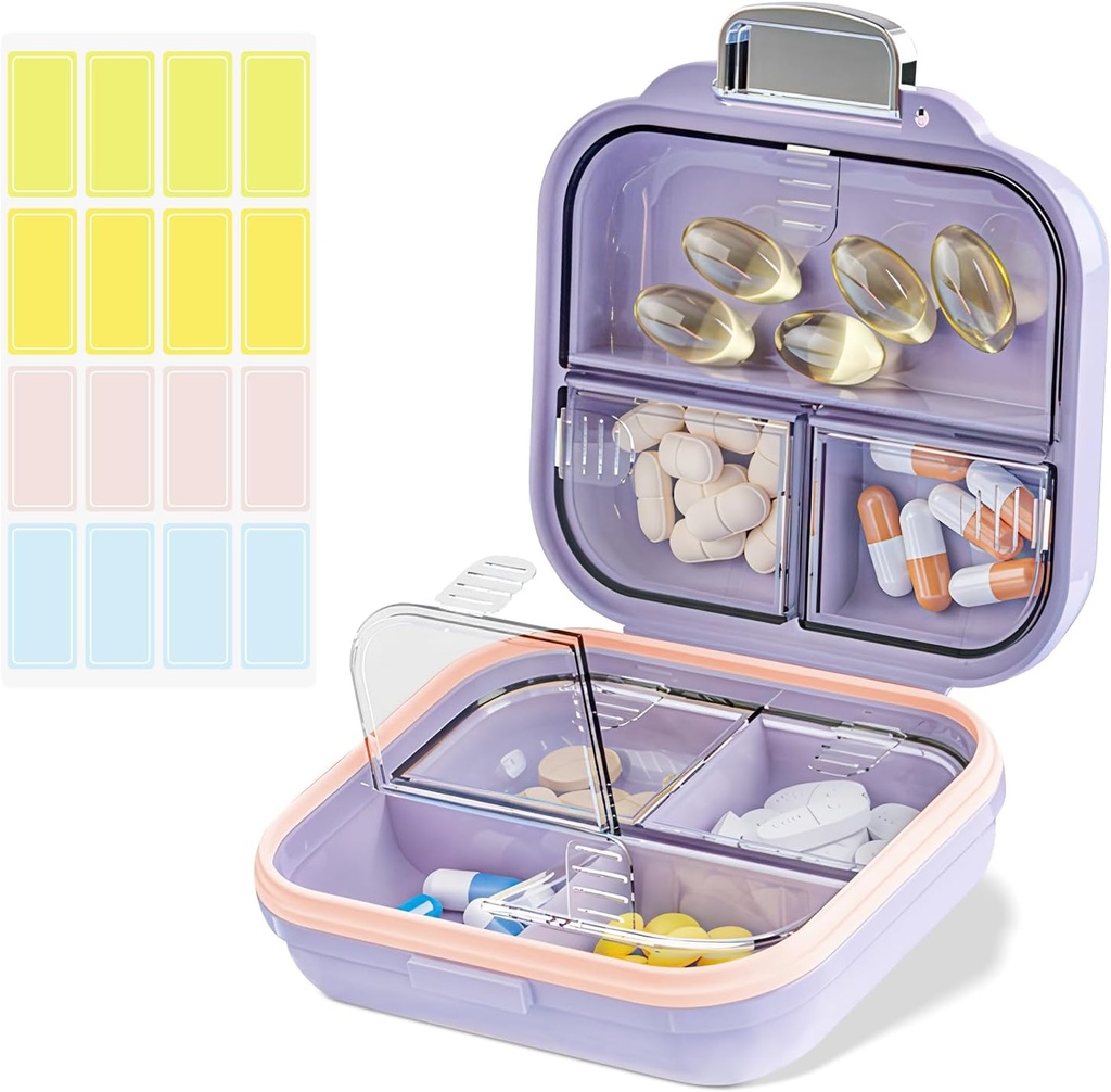 Rejse Pill Organizer Box med etiketter, 7 Compartments Portable Mini Pill Case, Daglig Medicin Organizer opbevaring Pill Container til Pocket Apotek (Lilla, S)