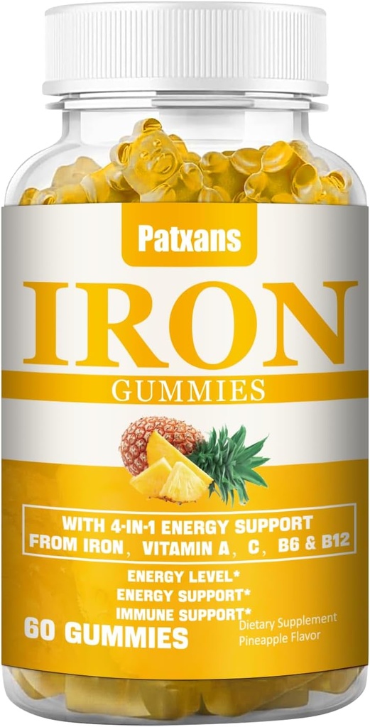 1 Pack 100MG jerntilskud Gummies for kvinder & mænd - med vitamin A, C, B - Energistøtte til jernmangel, anæmi, voksne børn, Ananas Flavor Gummy, 60ct.