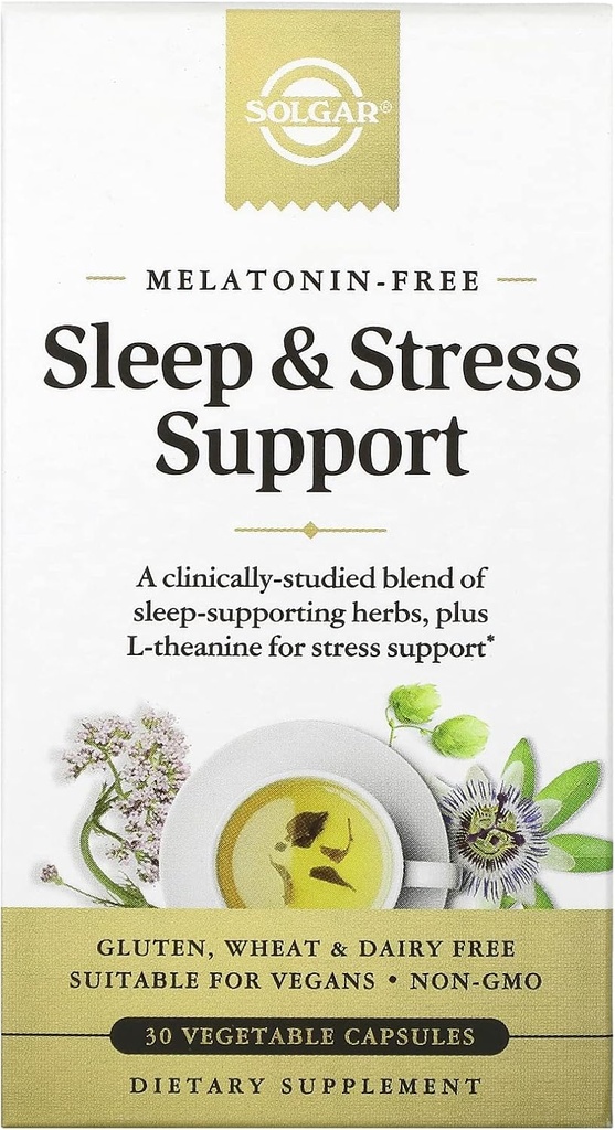 Solgar Sleep & Stress Support, Vegetabilske kapsler, Melatonin fri, Hjælper slappe af, rolig dig, Falde søvn Hurtigt, Forbedre søvnkvalitet med Valerian, Passionflower, Humle, Non- GMO, 15 Serveringer, 30 Greve