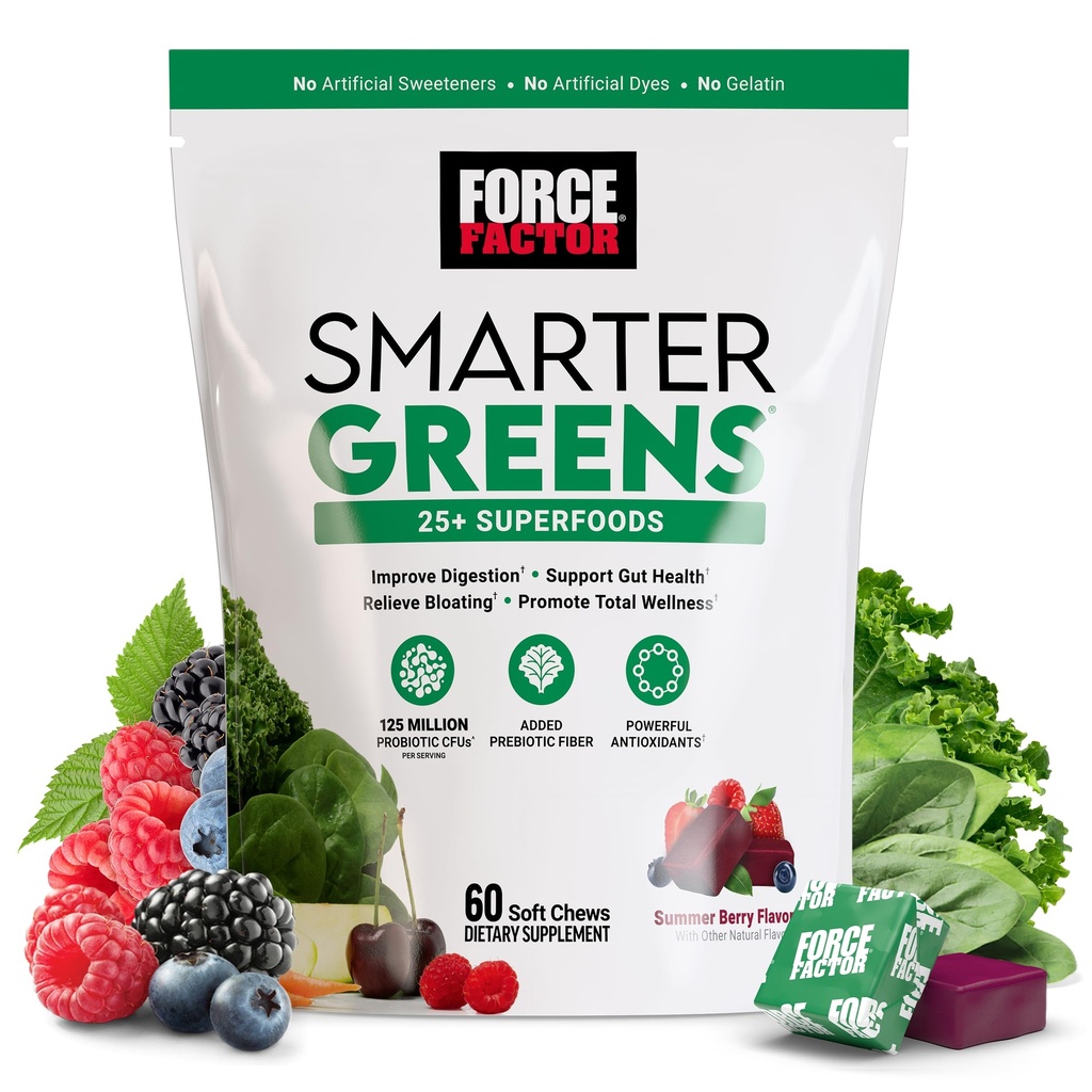 FORCE FACTOR Smarter Green Superfood Chews, Grønne og Superfood med Probiotika, Antioxidanter, og Fiber, Grønne tillæg til støtte fordøjelse, nitrogenoxid, og energi, 60 bløde tykkere