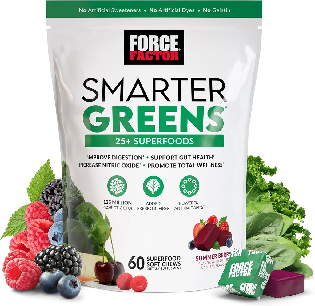 FORCE FACTOR Smarter Green Superfood Chews, Grønne og Superfood med Probiotika, Antioxidanter, og Fiber, Grønne tillæg til støtte fordøjelse, nitrogenoxid, og energi, 60 bløde tykkere