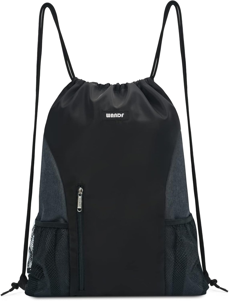 WANDF Løbegang Backpack Sport Gym Sackpack med mesh lommer Vandresistent String Bag til kvinder Mænd (sort)