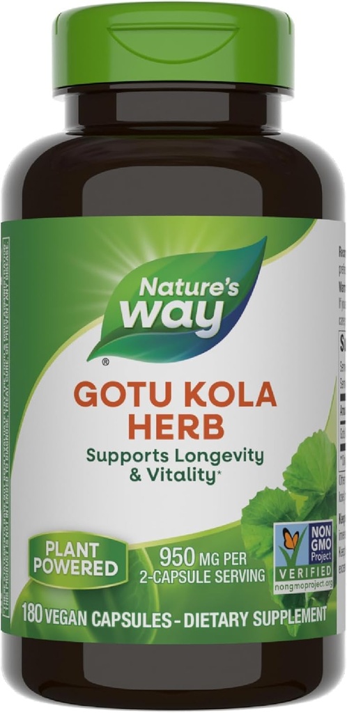 Nature 's Way Gotu Kola Herb, Understøtter Longevity og Vitality *, 950 mg pr. 2-Capsule Serving, Non- GMO Project Verified, 180 Kapsler (Packaging May Vary)