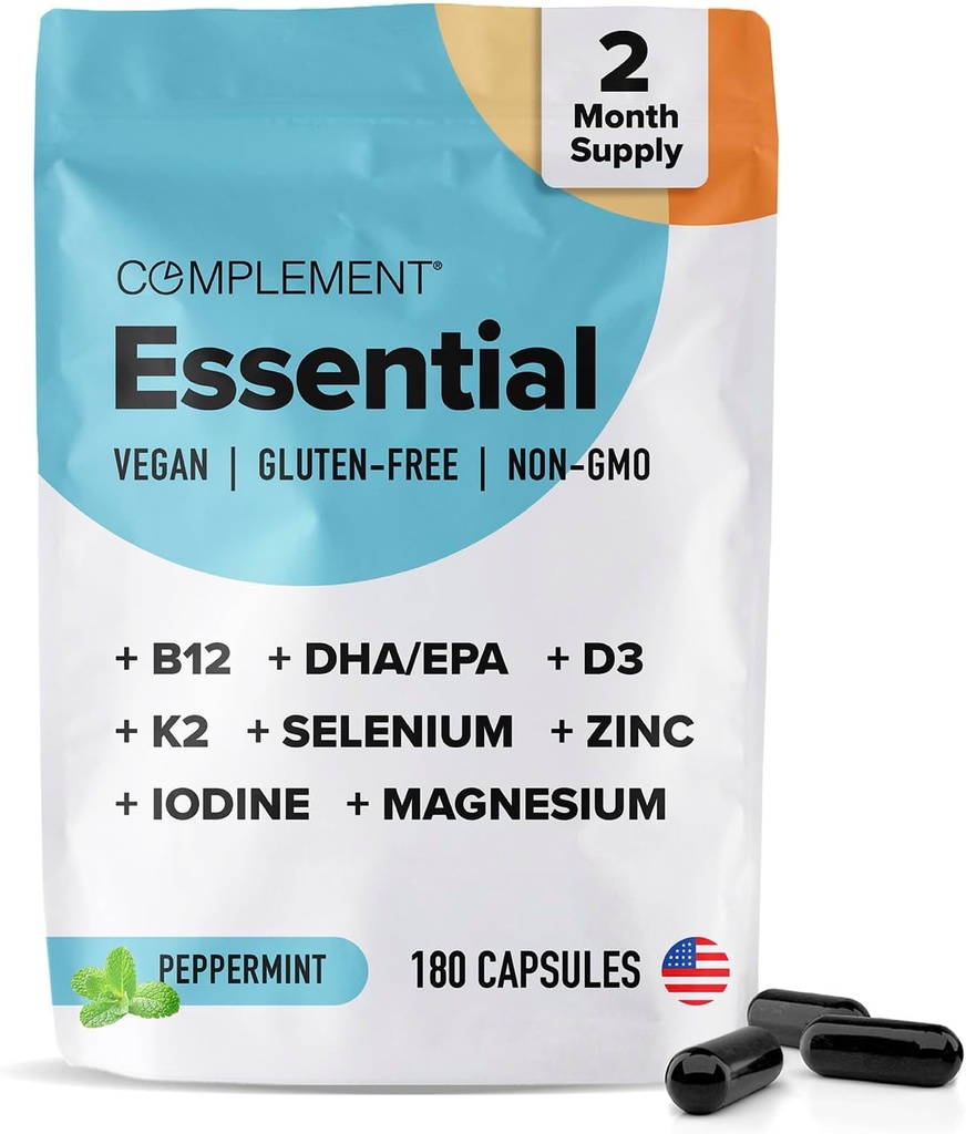 Komplement Essential Vegan Multivitamin til mænd og kvinder (60 Servere, 180 Kapsler) med Omega-3 DHA & EPA, B12, Vitamin D3 & K2, Zink, Selen, Magnesium, Jod - Understøtter Immunitet & samlet sundhed