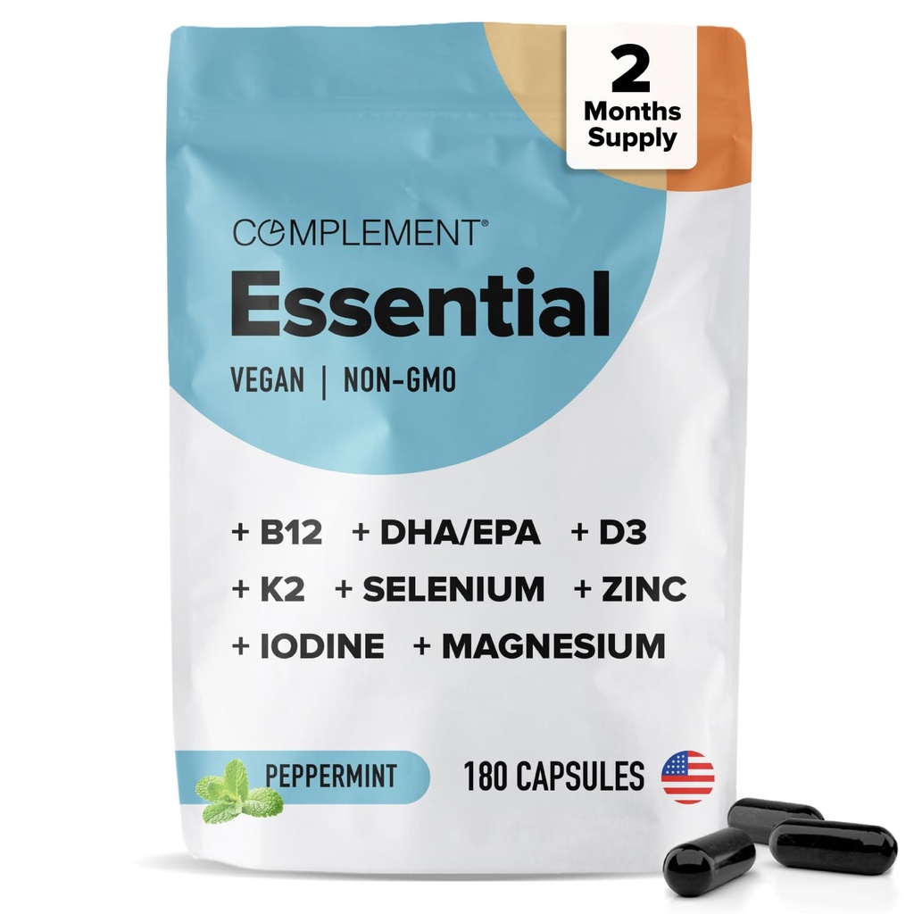 Komplement Essential Vegan Multivitamin til mænd og kvinder (60 Servere, 180 Kapsler) med Omega-3 DHA & EPA, B12, Vitamin D3 & K2, Zink, Selen, Magnesium, Jod - Understøtter Immunitet & samlet sundhed