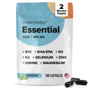 Komplement Essential Vegan Multivitamin til mænd og kvinder (60 Servere, 180 Kapsler) med Omega-3 DHA & EPA, B12, Vitamin D3 & K2, Zink, Selen, Magnesium, Jod - Understøtter Immunitet & samlet sundhed