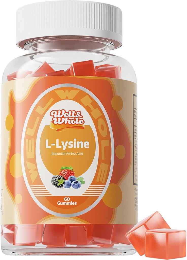 L- Lysine Gummies 1000mg - L- Lysine Kosttilskud til børn og voksne - Lip and Cold Sore * Støtte til kvinder - Chewable Lysine Gummies med vitamin B12 - Vegan, Non GMO, Gluten- Free, 60 Counts