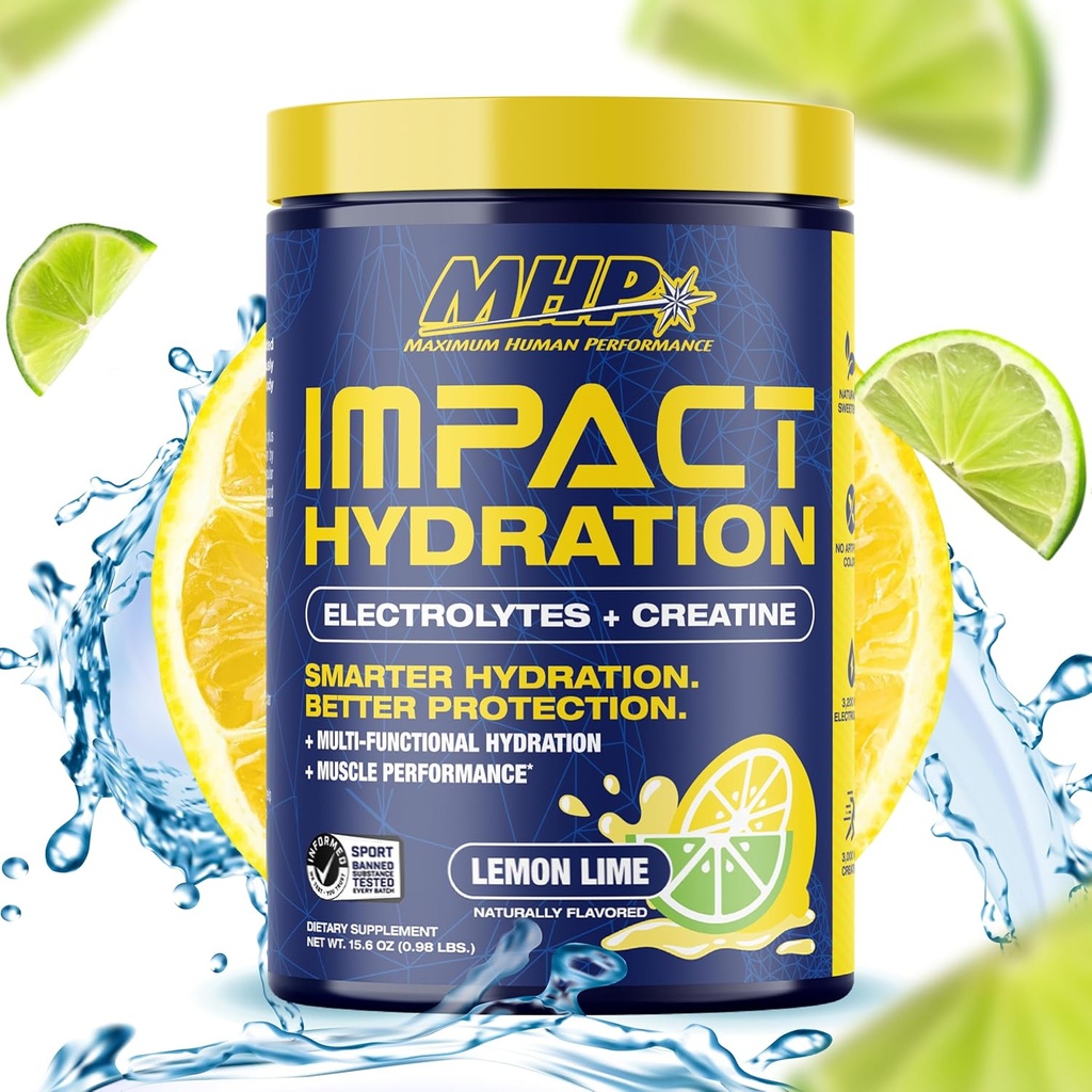 MHP Påvirkning Hydration Electrolyte Creatin Sports Drink Mix, Ingen kunstige sødestoffer eller farver, Performance, Styrke, Inddrivelse, Lemon Lime, 30 Servere