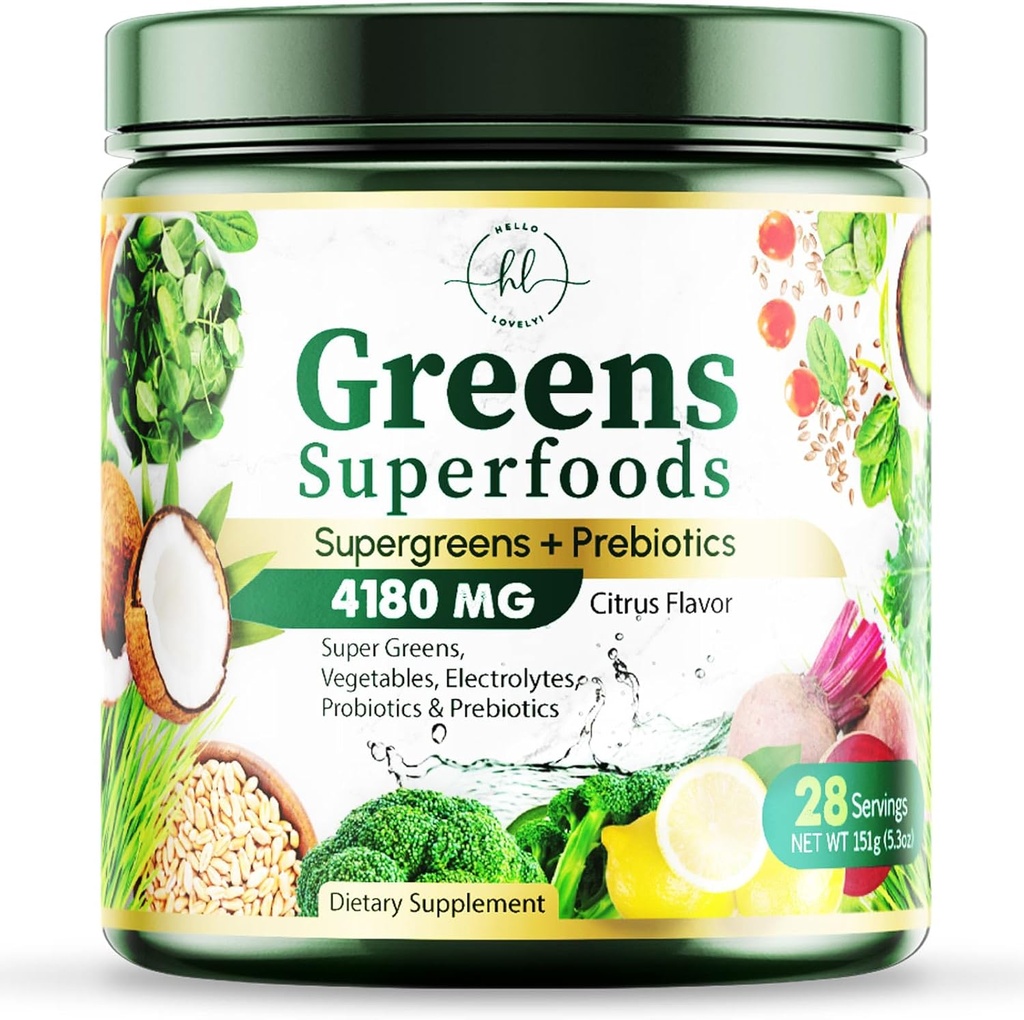 Green Powder Superfood - Premium Organic Super Green Juice Powder - Pakket med Probiotika, Hvede Græs, Enzymes, Spirulina, Chlorella til fordøjelsesbesvær & Gut Sundhed, Smoothie Drink Mix - 28 Serveringer