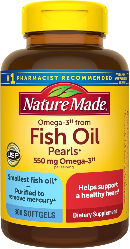 Nature Made Omega 3 Fish Oil Kosttilskud, 550mg Per Serving, Fish Oil Omega 3 Kosttilskud som Ethyl Esters for Sund Heart Support, 300 Softgels, 100 dages forsyning