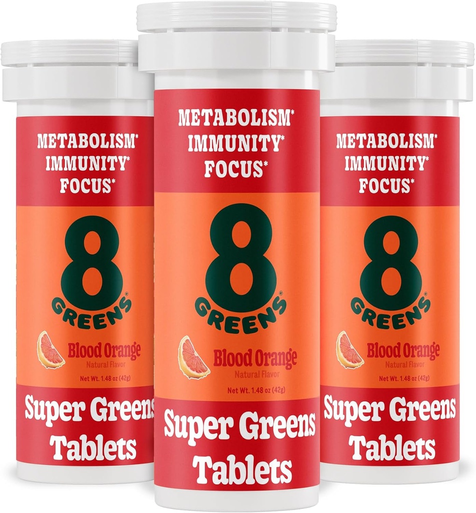 8Greens Supergreens Tablets Б124; Super Green Powder Superfood Tablet, Metabolisme Immunitet & Focus, Daily Green Effervescent Tablets, Organic: Aloe Vera, Spirulina, Chlorella, Blood Orange, 30 Servere