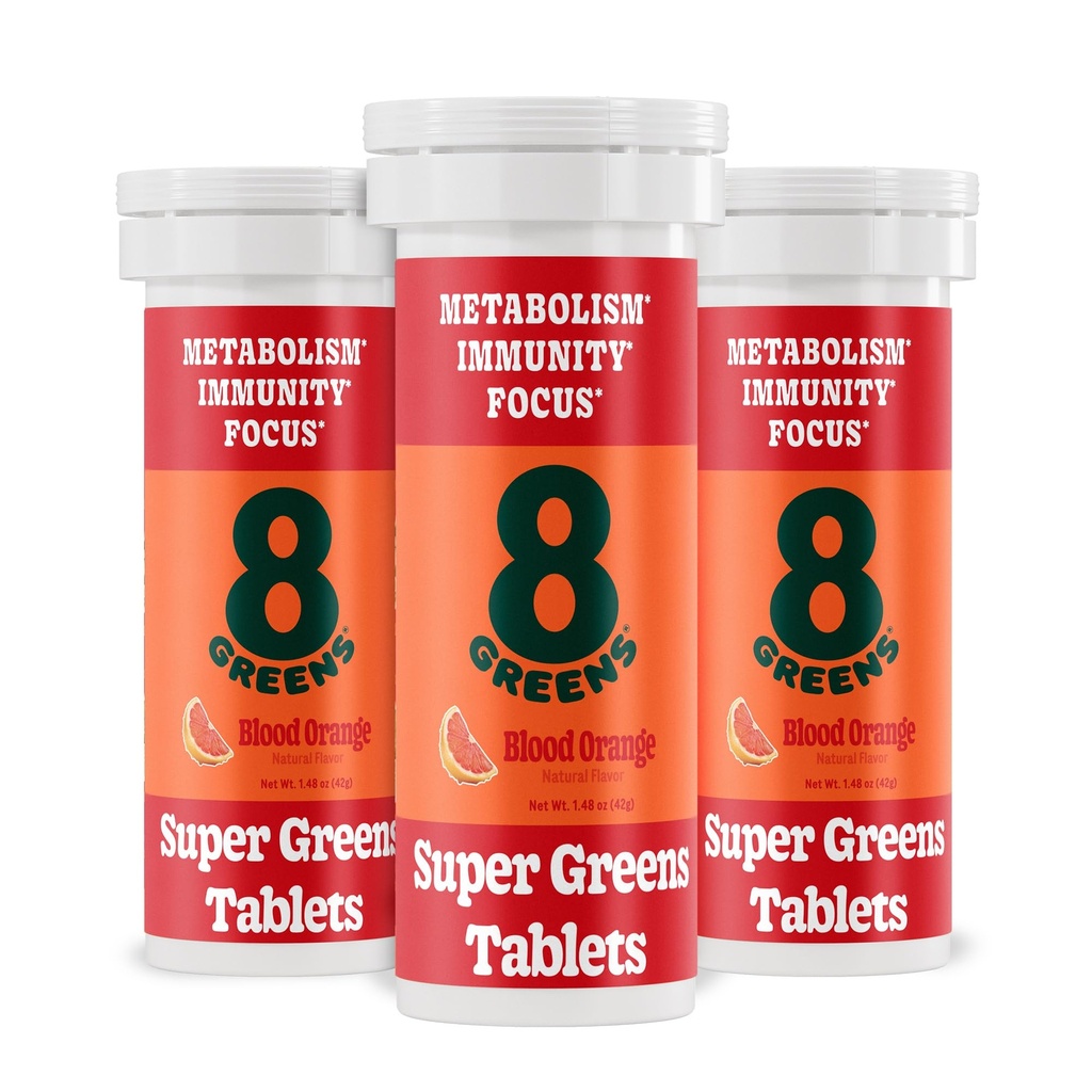 8Greens Supergreens Tablets Б124; Super Green Powder Superfood Tablet, Metabolisme Immunitet & Focus, Daily Green Effervescent Tablets, Organic: Aloe Vera, Spirulina, Chlorella, Blood Orange, 30 Servere