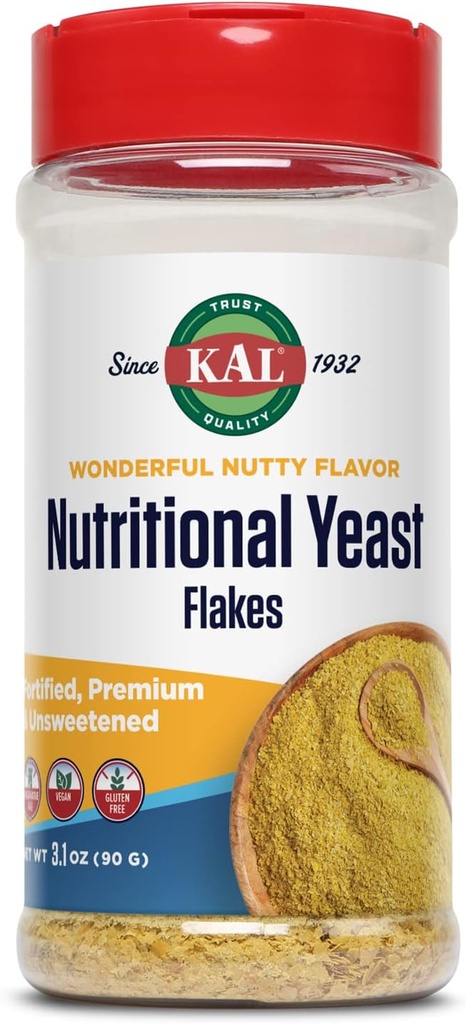 KAL Nutritional Gær Flakes, Forstærket med B12, Folsyre & andre B Vitaminer, Usødet, Great Nutty Flavor, Vegan & Gluten Gratis, 60- dag penge tilbage garanti, Made in USA, 20 Servere, 3.1oz