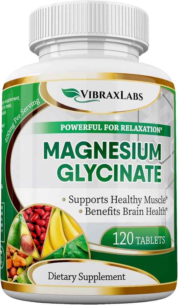 VibraxLabs Magnesium Glycinate Supplement, 400mg, for mænd og kvinder, for stress, energi, muskelkramper, fælles støtte, Chelated, High- Absorption, Non- Laxative, Gluten- Free