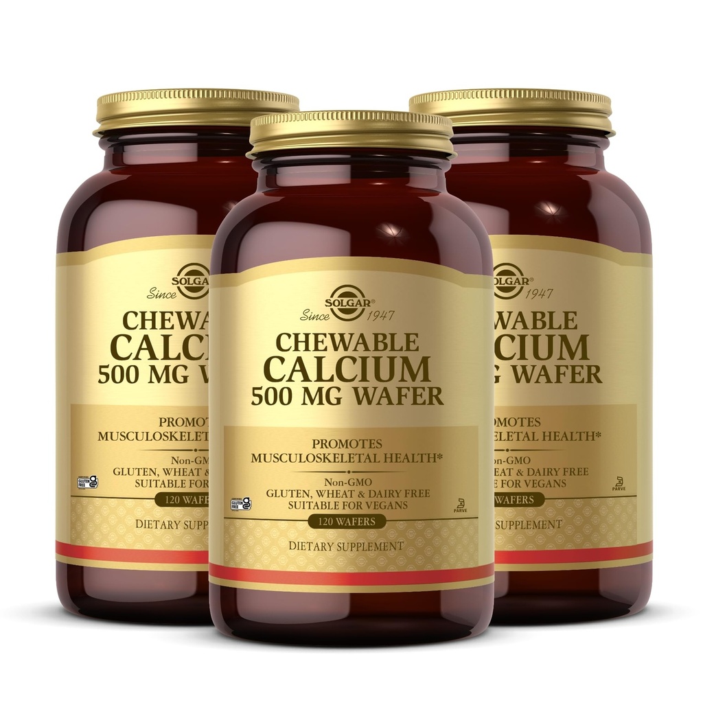 Solgar Chewable Calcium 500 mg - 120 Wafers, Pack of 3 - Promodes Muskuloskeletale Sundhed - Non-GMO, Vegan, Gluten, Hvede & Dairy Free, Kosher - 180 Total Servering
