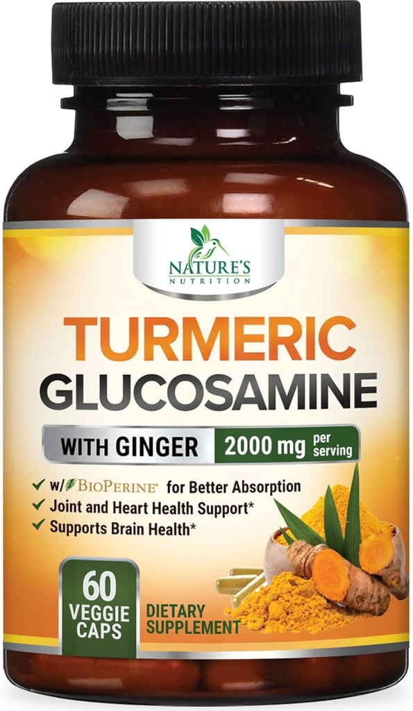 Gurkemeje Supplement 2000mg - 95% Curcuminoider med Glucosamin, Ginger & MSM, BioPerine Black Pepper til Bedste Absorption, Nature Vegan fælles støtte, Non- GMO, Flasket i USA - 60 kapsler