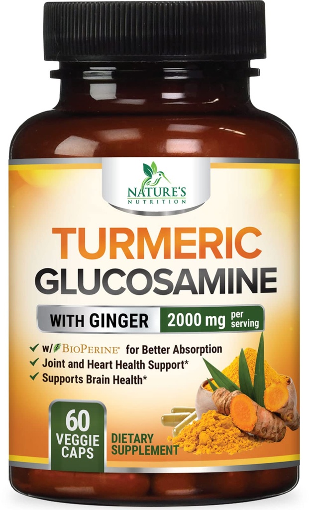 Gurkemeje Supplement 2000mg - 95% Curcuminoider med Glucosamin, Ginger & MSM, BioPerine Black Pepper til Bedste Absorption, Nature Vegan fælles støtte, Non- GMO, Flasket i USA - 60 kapsler