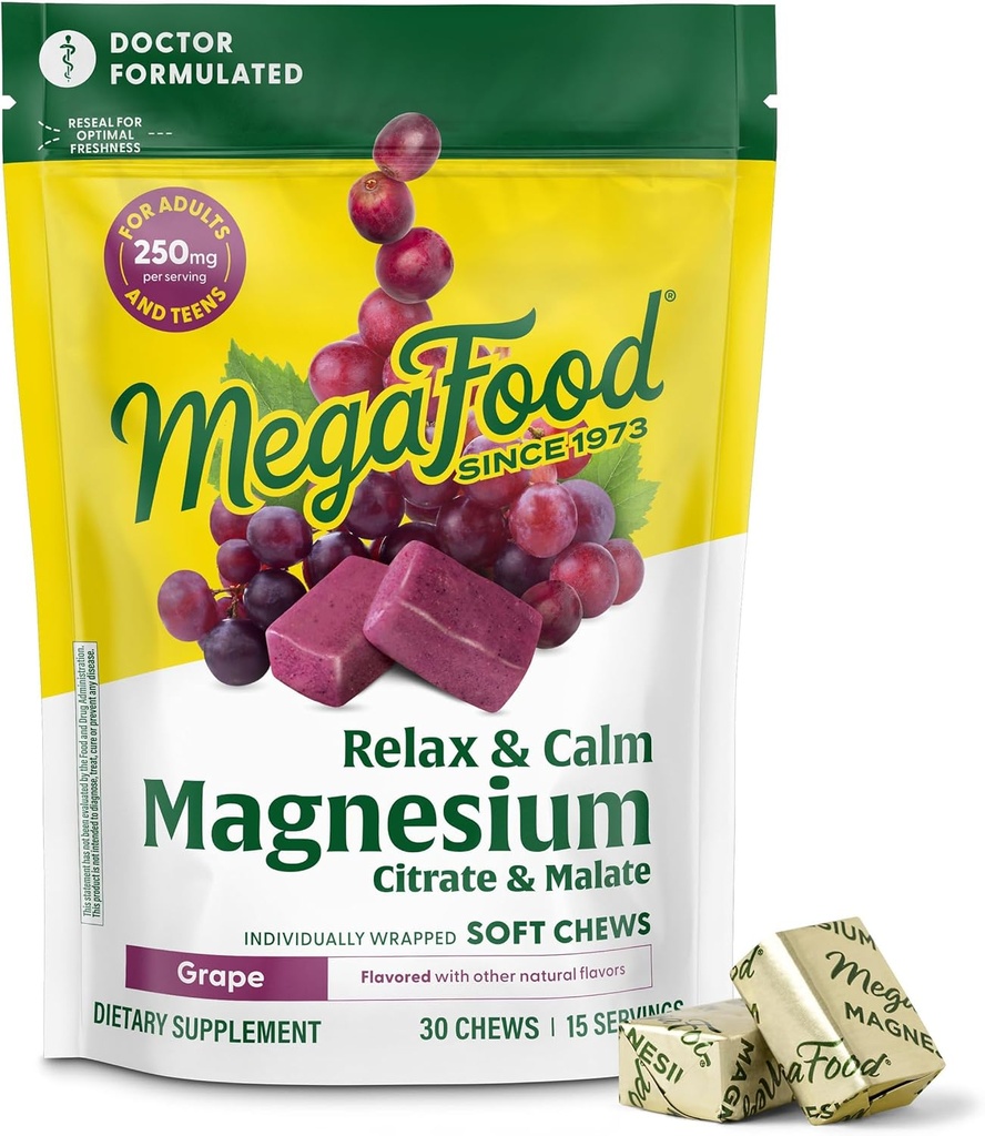 MegaFood Relax + Calm Magnesium Supplement - Soft Chews med Magnesium Citrate & Malate for Heart Health, Muscle Tension & Mere - Vegetar - Grape- Flavor - 30 Chews (15 Servere)