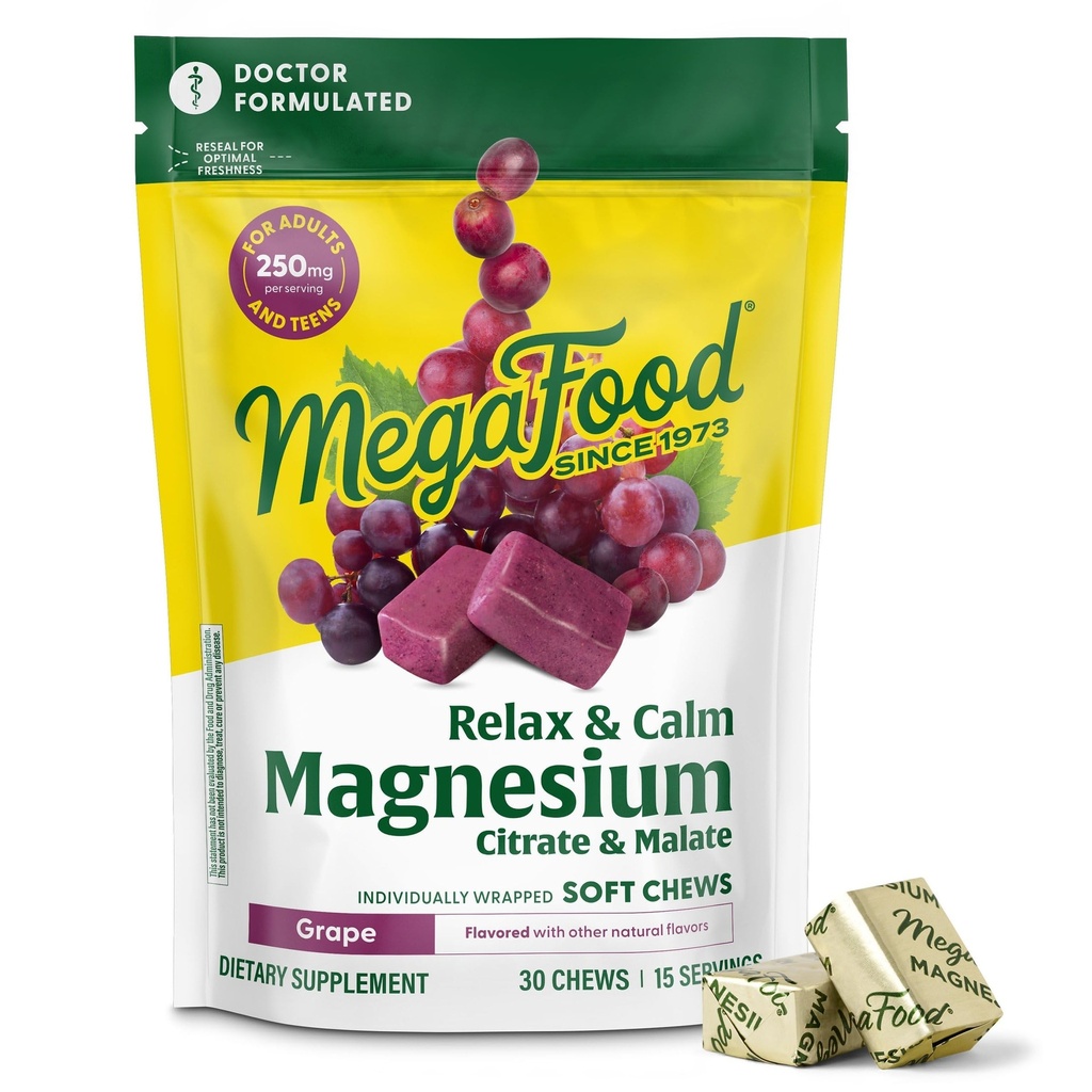 MegaFood Relax + Calm Magnesium Supplement - Soft Chews med Magnesium Citrate & Malate for Heart Health, Muscle Tension & Mere - Vegetar - Grape- Flavor - 30 Chews (15 Servere)