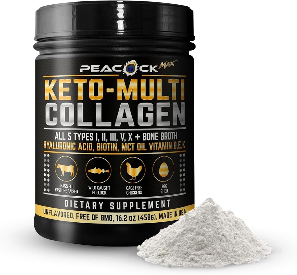 Keto Multi Collagen Peptider 16.2 oz - Bone Broth Protein Powder, med 5 typer Hydrolyzed Collagen, MCT Oil & Biotin til hud, Joints, Hår & Nails, Unflavored Collagen Powder