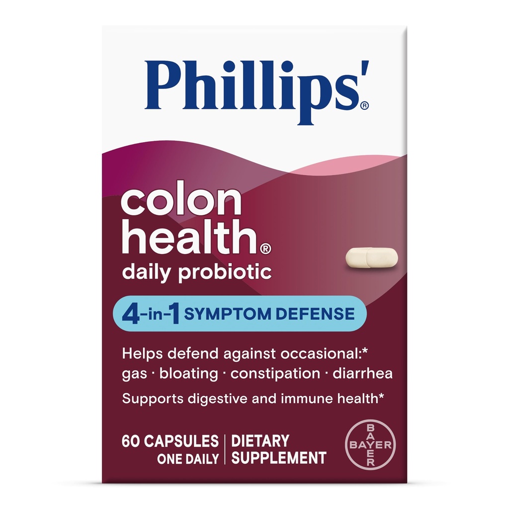 Phillips' Colon Health Daily Probiotic Capsules, 4-in-1 Symptom Defense to help defend against Occasional Gas, Bloating, Constipation, and Diarrhea, Daily Supplement, 60 Count