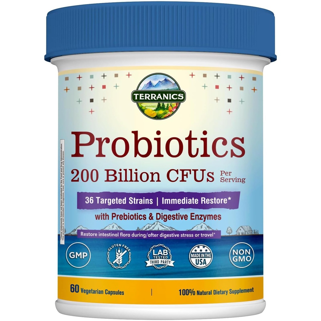 Terranics Daglige Probiotika for Mænd og Kvinder, 200 Millioner 36 Stammer Øjeblikkelig Genopret Probiotika, med Prebiotika & Enzymes, Sund Regularitet, Forsinket Udgivelse, Hylde Stable, 60 Veggie Caps