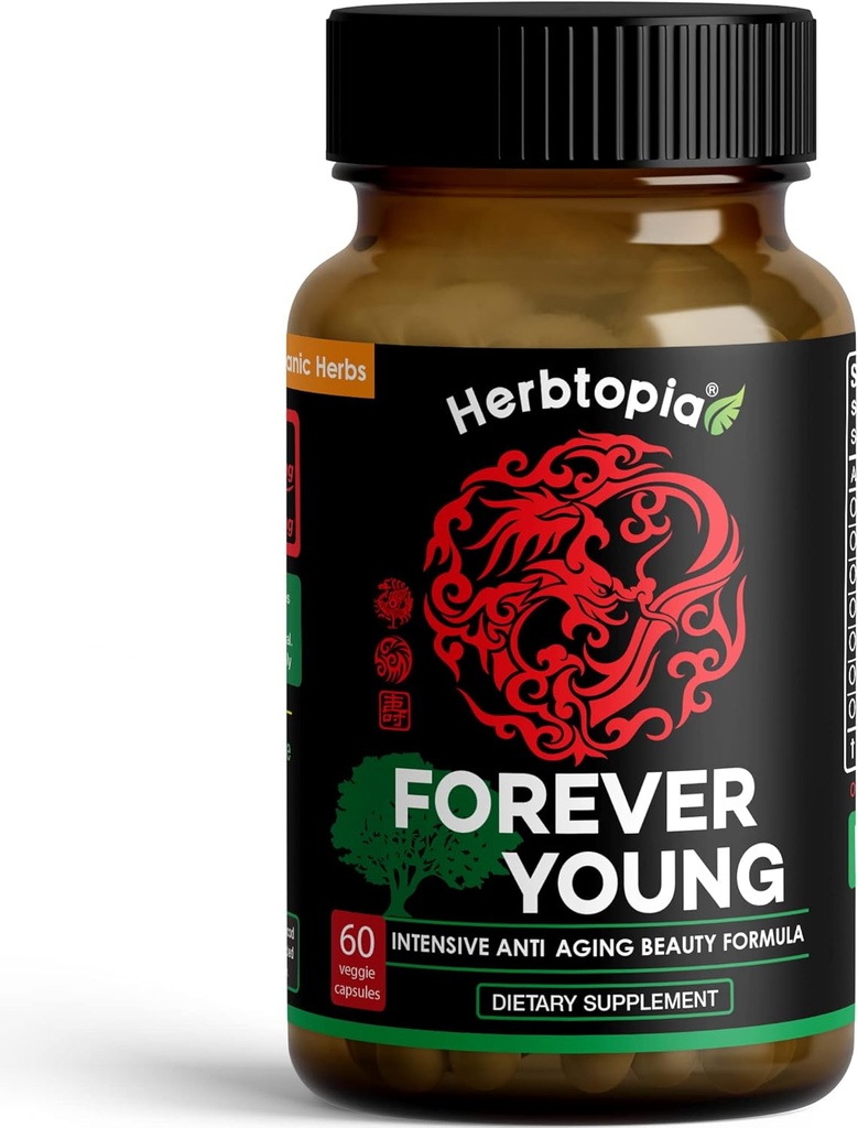 Forever Young Longevity Supplement for Immunity, Anti Gray Hår, Telomere Lengendation & Happy Mood w / Ginseng, Astragalus, Lions Mane, Reishi Mushroom, Codonopsis Shup 124; Organic - 60 Caps
