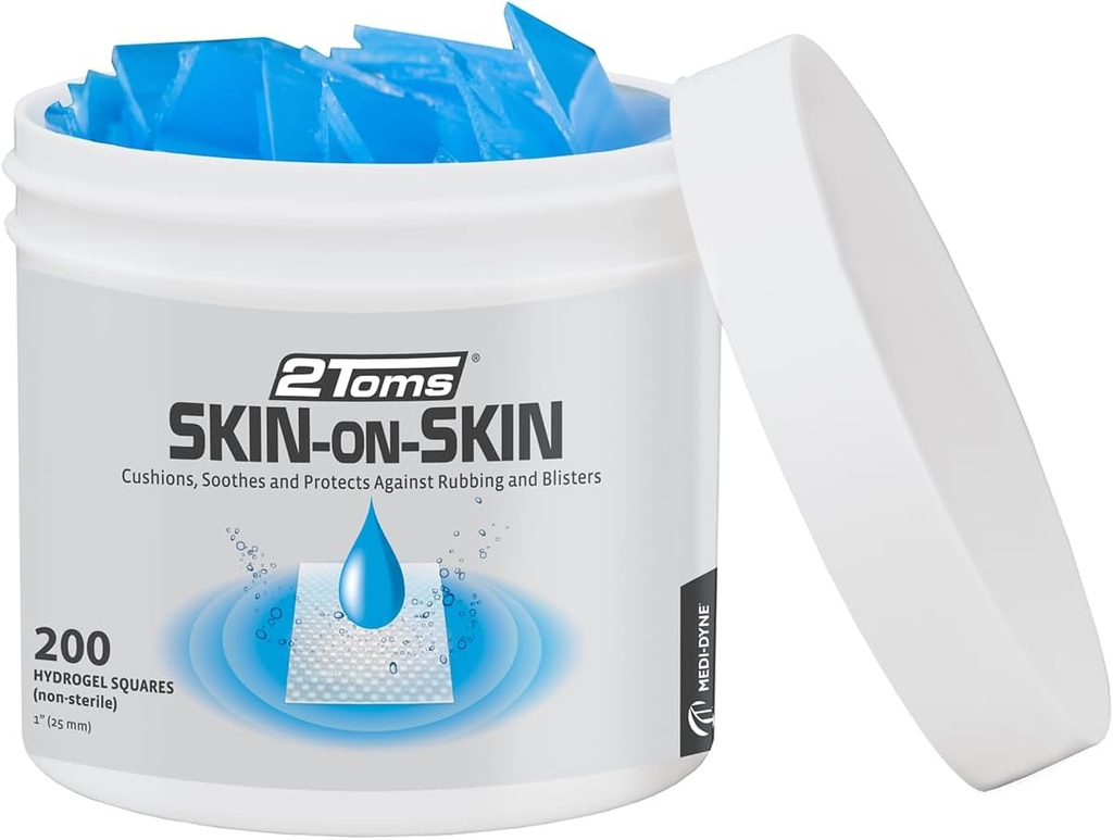 2Toms Skin-On-Skin Hydrogel Squares for Blisters, Chafing, Stings, Irritations, and Pain Relief, 200 1-Inch Squares