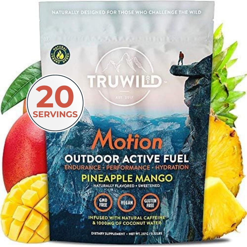 TruWild Motion All Natural Pre Workout Powder Drink Mix for Mænd & Kvinder med ingen Jitters eller Crash, Hele Food Plant baseret Vegan, Organisk med Electrolytes + BioPerine, 20 Servering (Ananas Mango)