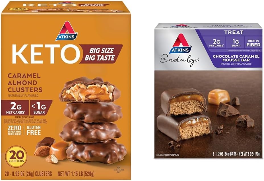 Atkins Caramel Mandel Clusters, Gluten Free, High in Fiber, 1g Sugar, 2g Net Carb, Keto Friendly, 20 Count & Endulge Chocolate Caramel Mousse Bar, Dessert Favorite, 1g Sugar, High in Fiber, 5 Count