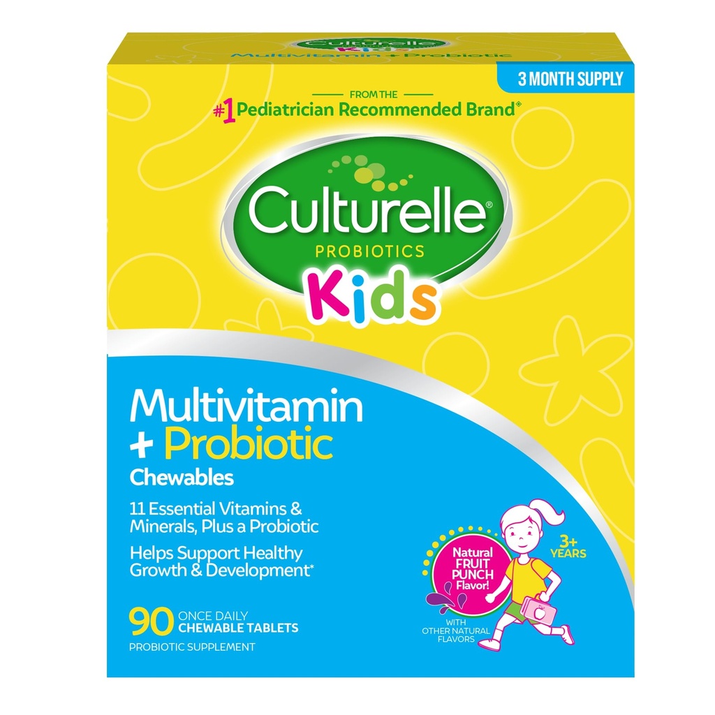 Culturelle Kids Komplet Chewable Multivitamin + Probiotiske For Kids, Age 3 +, 90 Greve, fordøjelsessygdomme, Oral Health & immunforsvar - med 11 vitaminer og mineraler, herunder C-vitamin, D3 & zink