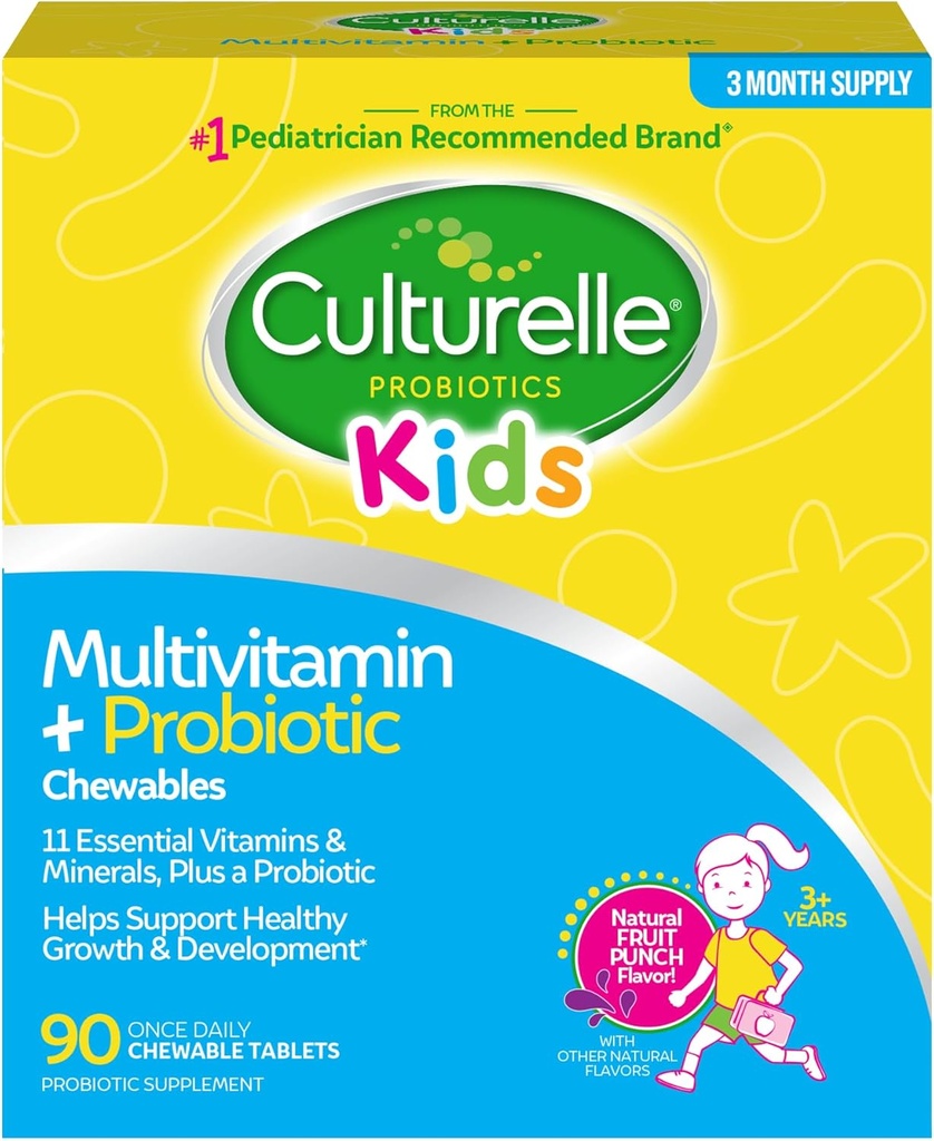 Culturelle Kids Komplet Chewable Multivitamin + Probiotiske For Kids, Age 3 +, 90 Greve, fordøjelsessygdomme, Oral Health & immunforsvar - med 11 vitaminer og mineraler, herunder C-vitamin, D3 & zink