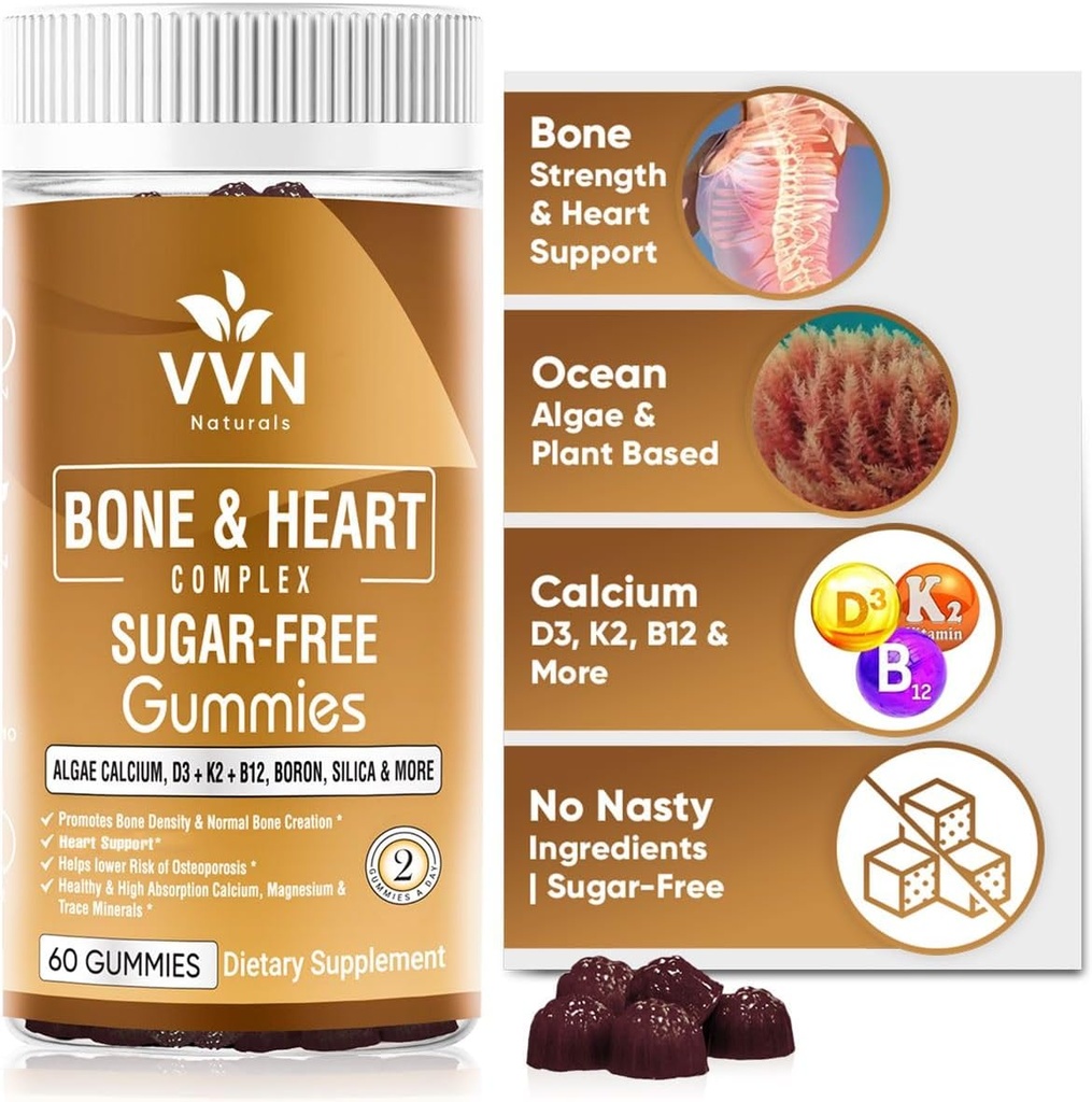 Vegan Calcium Gummies K2 Vitamin Supplement med MK- 7 & vitamin D3, Magnesium & 13 Trace Minerals, Supporting Bone Density Measures 124; Plant Based Dex124; B12 - Bone & Heart Complex, 60 ct.