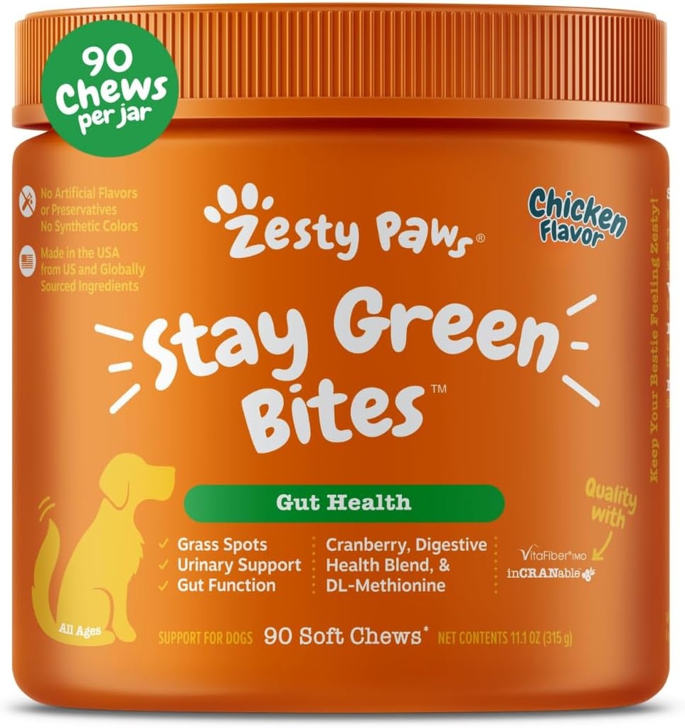 Zesess Paws Stay Green Bites for Hunde - Græs Burn Soft Chews for Plæne Spots Årsag af hund Urin - med Cranberry til Urinary Tract & Bregen - Kylling - 90 Greve