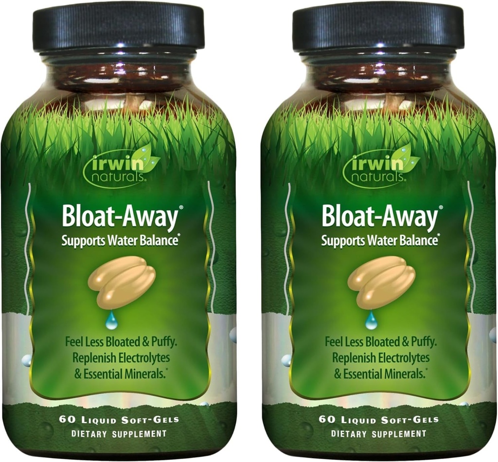 Irwin Naturals Bloat- Away - 60 Liquid Soft- Gels, Pack of 2 - Vand Balance Support - Replenish Electrolytes & Essential Minerals - 40 Total Servering