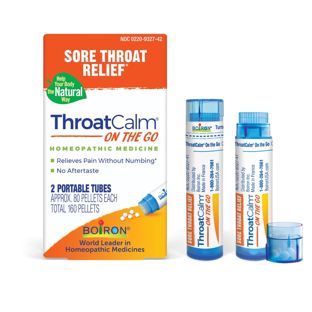 Boiron ThroatCalm On Go Travel Essential for Relief of Sore Throat, eller Scratchy, rød eller tør Throat, og hæshed - 2 Greve (160 Pellets)
