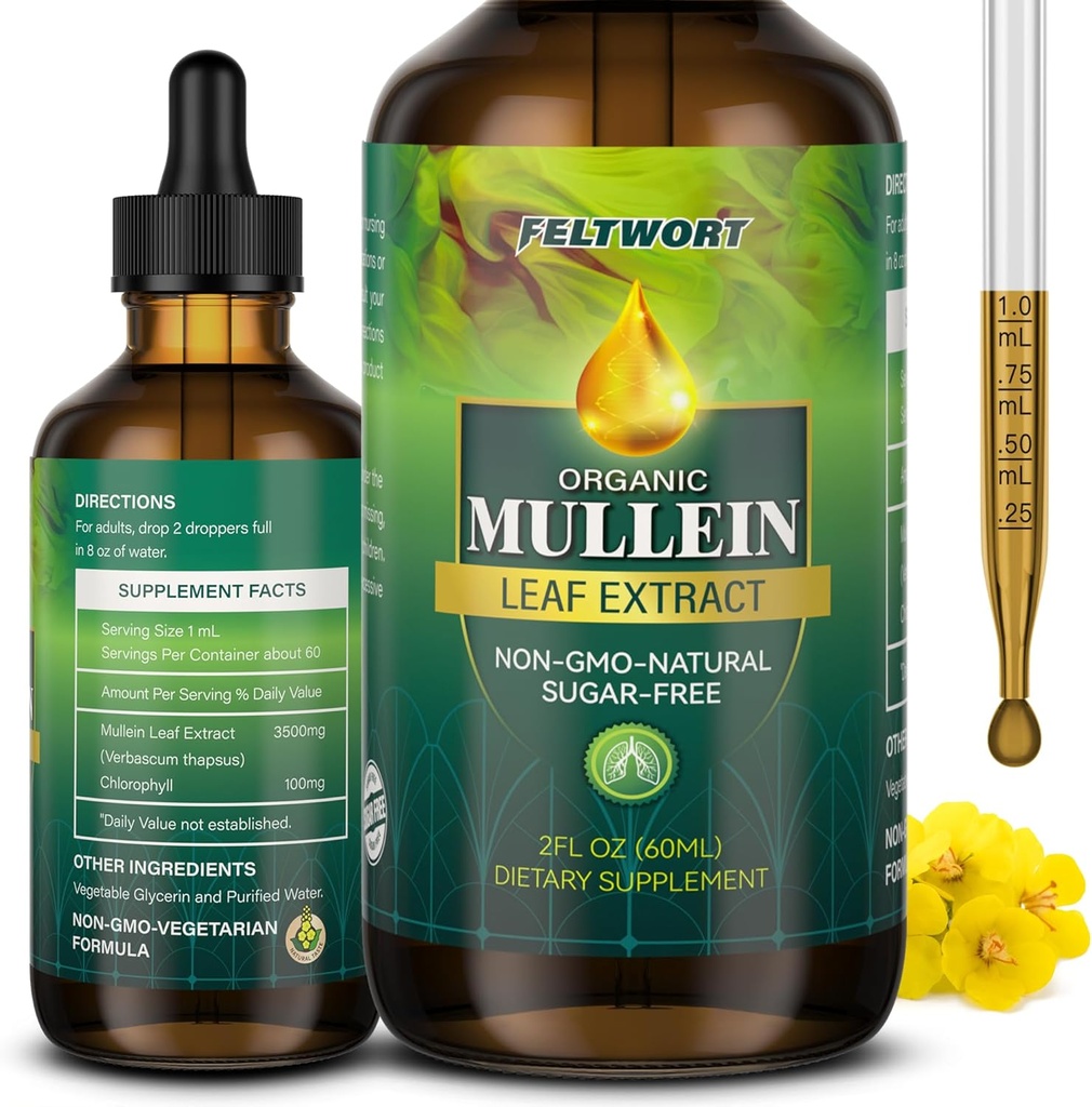 Mullein Drops - Lung Cleanse - Leaf ekstrakt - Kraftfuld Mullein til immunforsvar, Detox & Respiratory Support - Urtetilskud - 2 Oz- 6