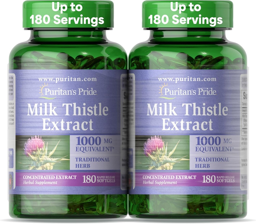 Puritan 's Pride Milk Thistle Silymarin 4: 1 Koncentration Uddrag 200mg (1000 Mg Ækvivalent) Kosttilskud til leverstøtte, 6 Måned Supply, 180 Greve 2- Pack