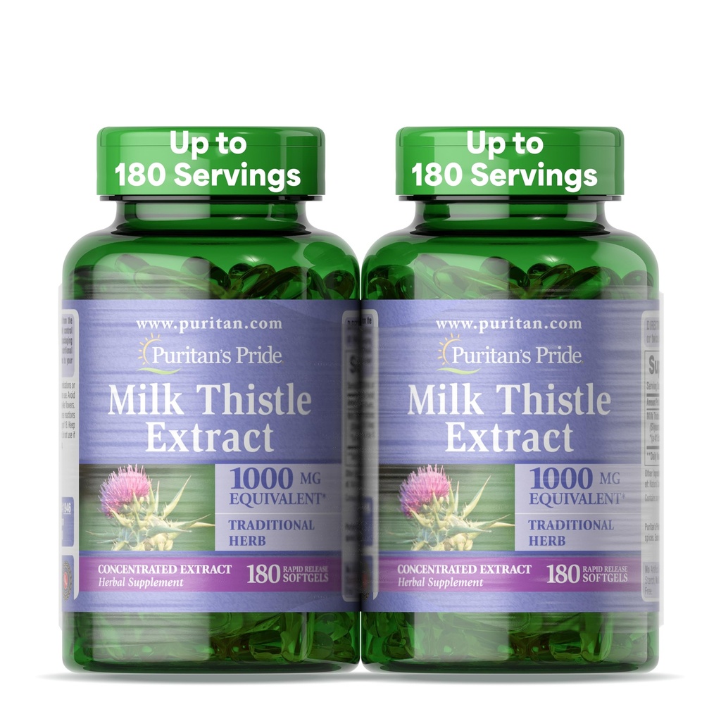 Puritan 's Pride Milk Thistle Silymarin 4: 1 Koncentration Uddrag 200mg (1000 Mg Ækvivalent) Kosttilskud til leverstøtte, 6 Måned Supply, 180 Greve 2- Pack